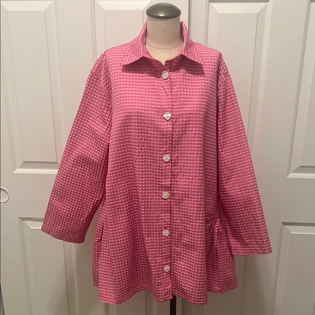 Dress To Kill Pink Checkered Button Downtunic With Collar And Gathered Sides